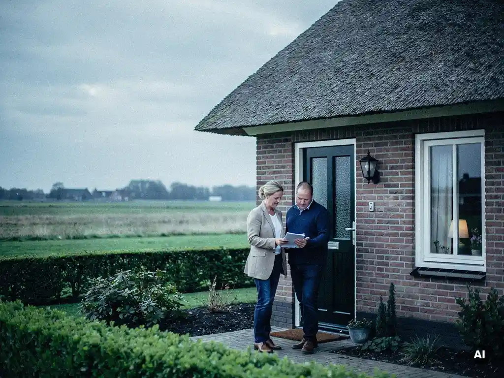 Makelaar bespreekt papieren met huiseigenaar bij de voordeur van een rieten vrijstaande woning in Reeuwijk.
