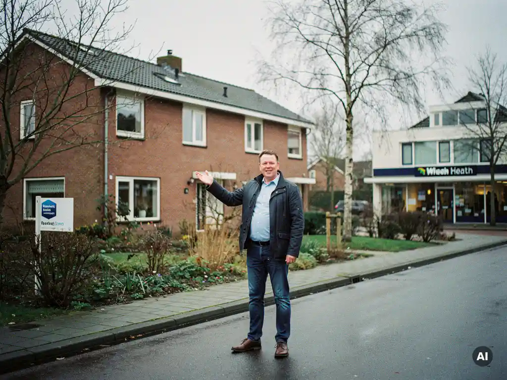 Nederlandse makelaar in Reeuwijk wijst naar jaren-70 bakstenen gezinswoning met tuin op bewolkte vroege lentedag.