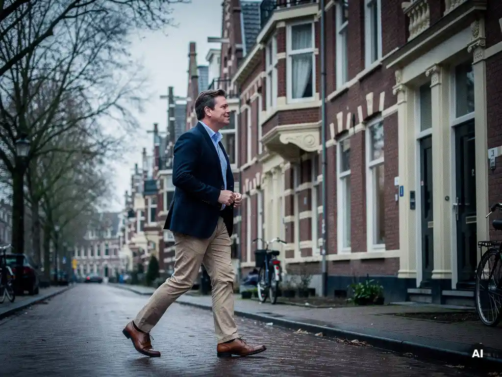 Makelaar in Kralingen loopt langs vooroorlogse herenhuizen met bakstenen erkers en kale lindebomen op een bewolkte dag.