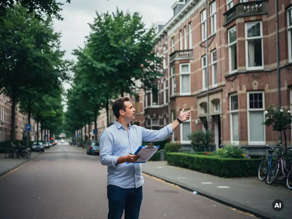 Rotterdamse makelaar wijst naar vooroorlogs herenhuis met bakstenen erkers aan een laan in Kralingen, bewolkte lucht.