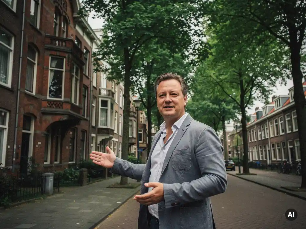 Rotterdamse makelaar wijst naar een vooroorlogs herenhuis met bakstenen erkers aan een brede laan in Kralingen.
