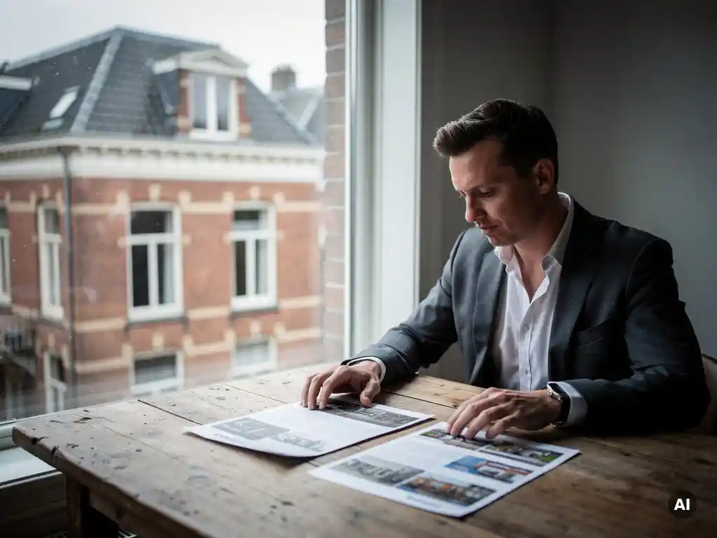 Makelaar in zakelijke kleding vergelijkt twee woningbrochures op een verweerde houten tafel, met Rotterdam Kralingse vooroorlogse herenhuis op de achtergrond.