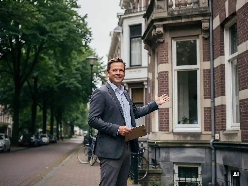 Makelaar in casual zakelijke kleding bij de ingang van een vooroorlogs herenhuis met erker in Rotterdam Kralingen, met bomenlaanop de achtergrond.