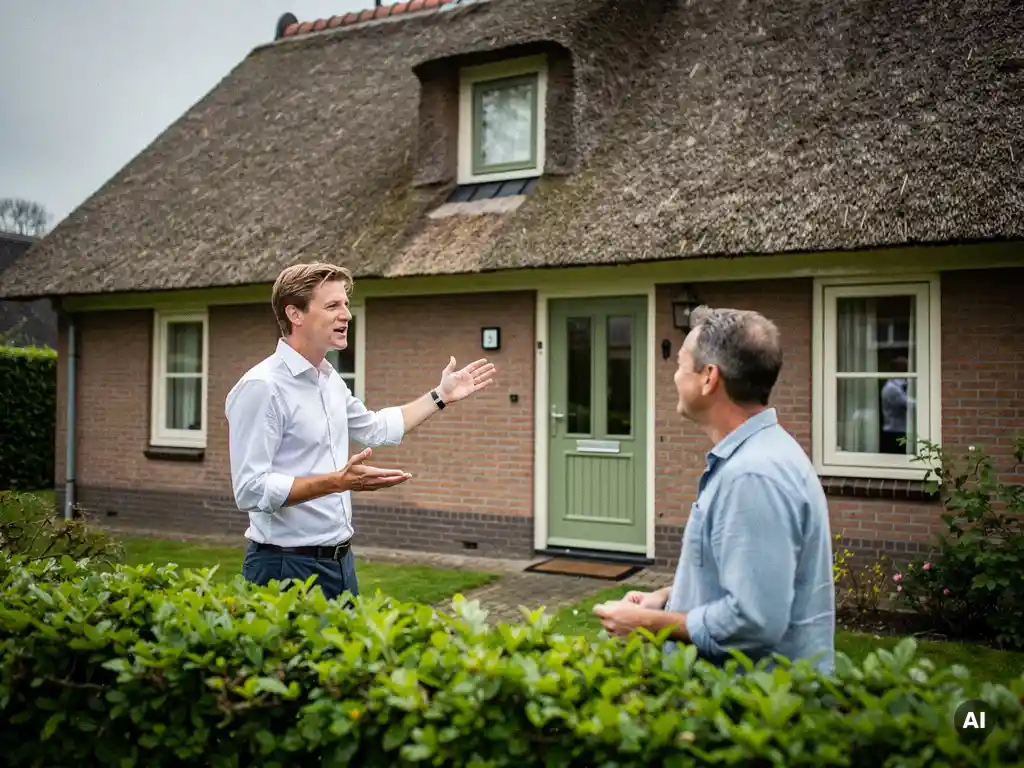 Makelaar in zakelijk-casual kleding bespreekt vrijstaande jaren '70 woning in Reeuwijk met eigenaar bij voordeur, rieten dak en groene haag zichtbaar.