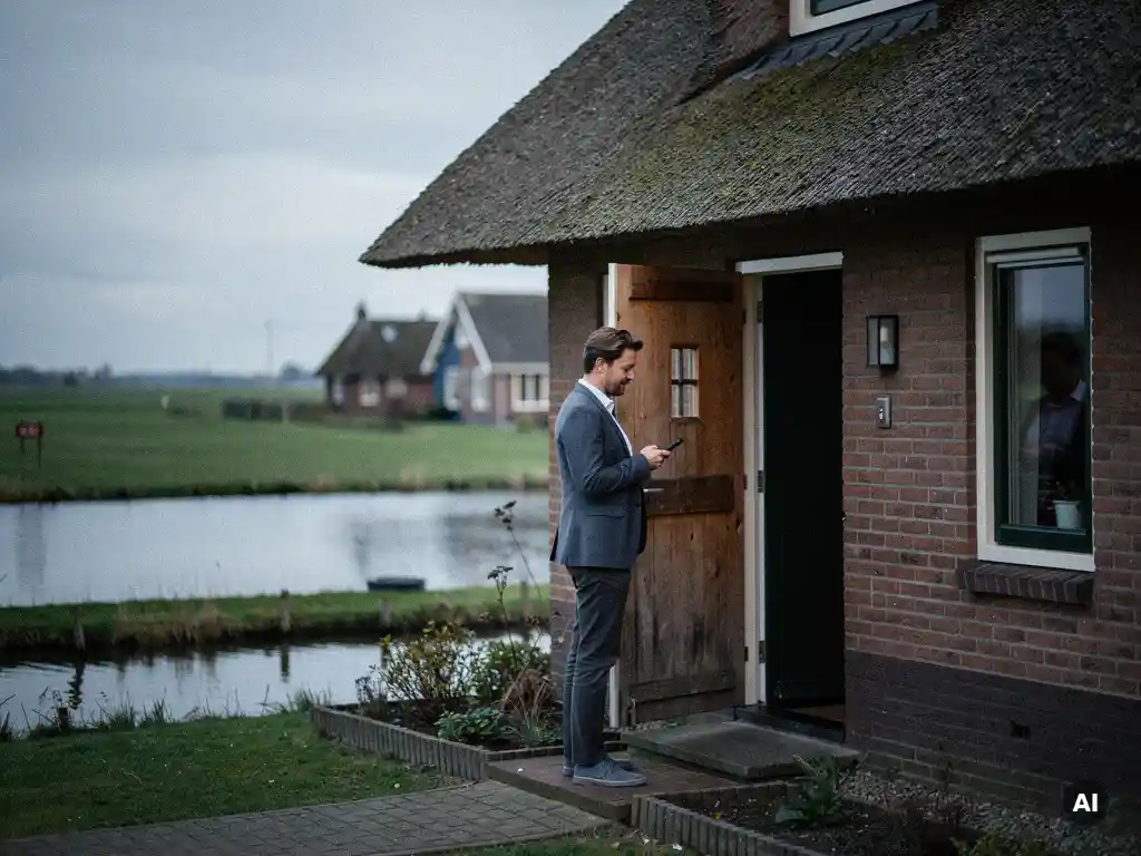 Makelaar in casual zakelijke kleding bij de voordeur van een vrijstaande woning met rieten dak in Reeuwijk, kijkend op een mobiele telefoon.