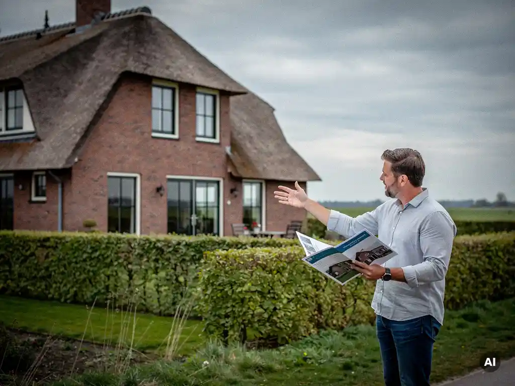 Makelaar in casual kleding naast een rieten vrijstaande woning in Reeuwijk, wijzend naar de gevel met woningbrochures in hand.