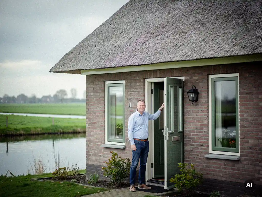 Makelaar in casual zakelijke kleding bij de voordeur van een vrijstaande woning met rieten dak in Reeuwijk, met polderlucht op de achtergrond.
