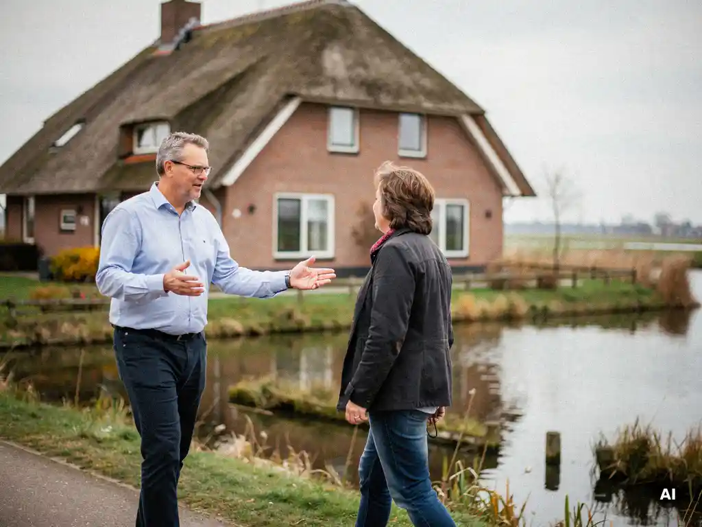 Makelaar en huiseigenaar in gesprek voor een rieten vrijstaande woning in Reeuwijk, met polderlandschap op de achtergrond.