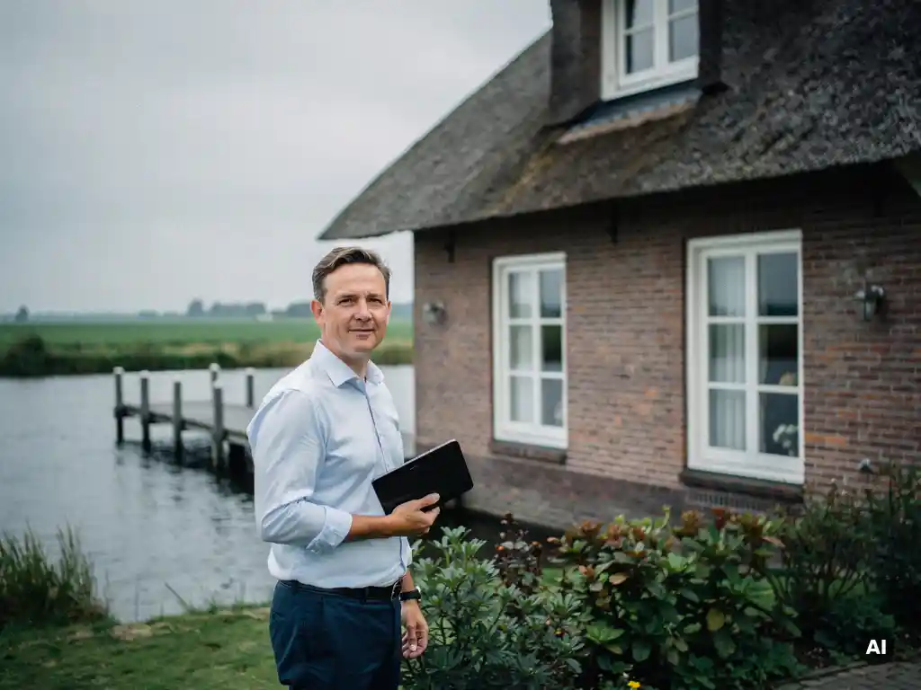 Makelaar met tablet naast vrijstaande woning met rieten dak in Reeuwijk, houten steiger en polderwater op achtergrond.