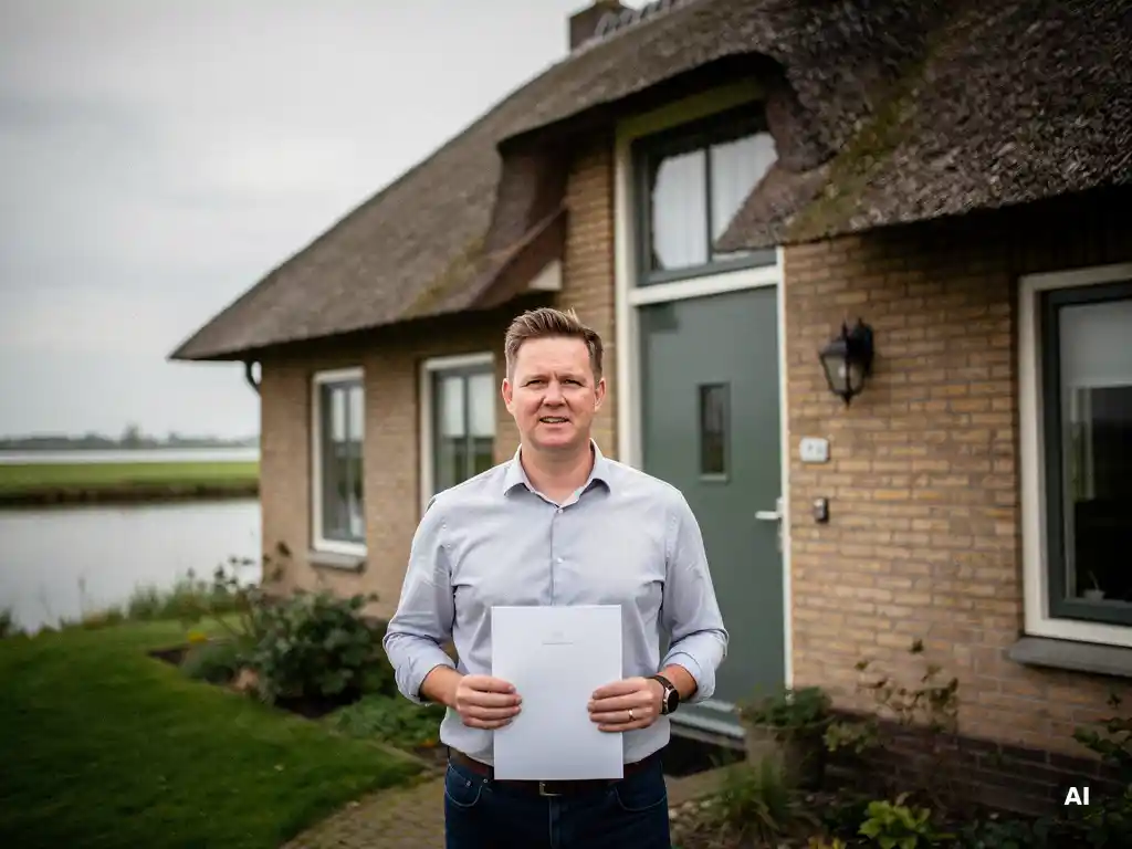 Makelaar in casual zakelijke kleding bij de voordeur van een vrijstaande woning met rieten dak in Reeuwijk, met polderwater op de achtergrond.