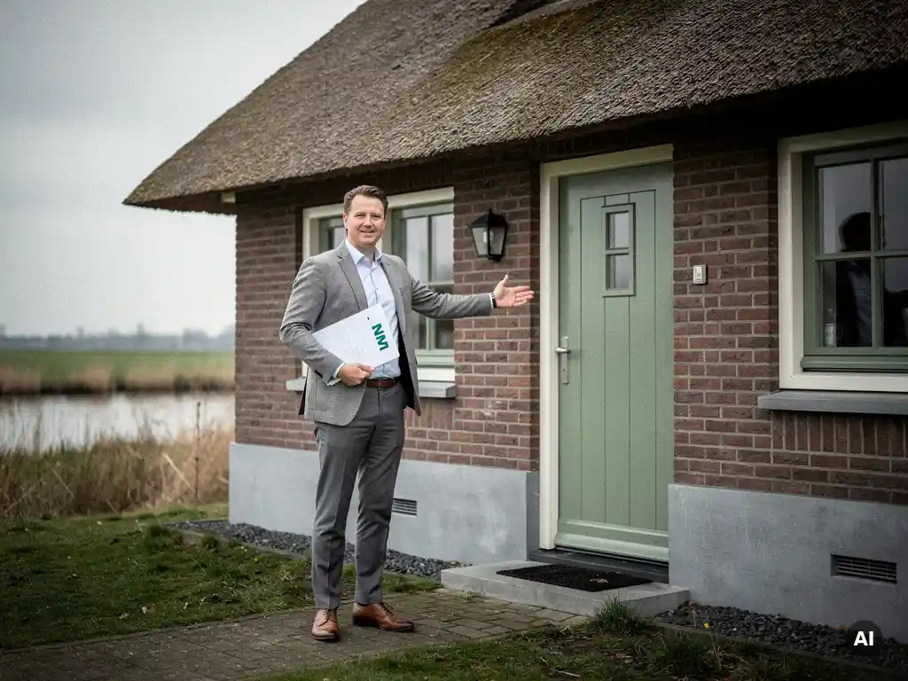 Makelaar in casual zakelijke kleding bij de voordeur van een rieten vrijstaande woning in Reeuwijk, met water en riet op de achtergrond.