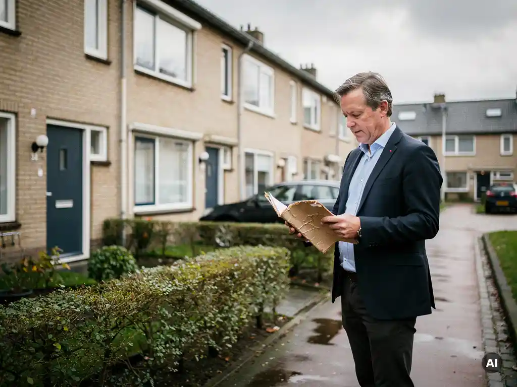 Makelaar met papieren dossier voor jaren-70 rijtjeswoning van baksteen in Waddinxveen op bewolkte dag.