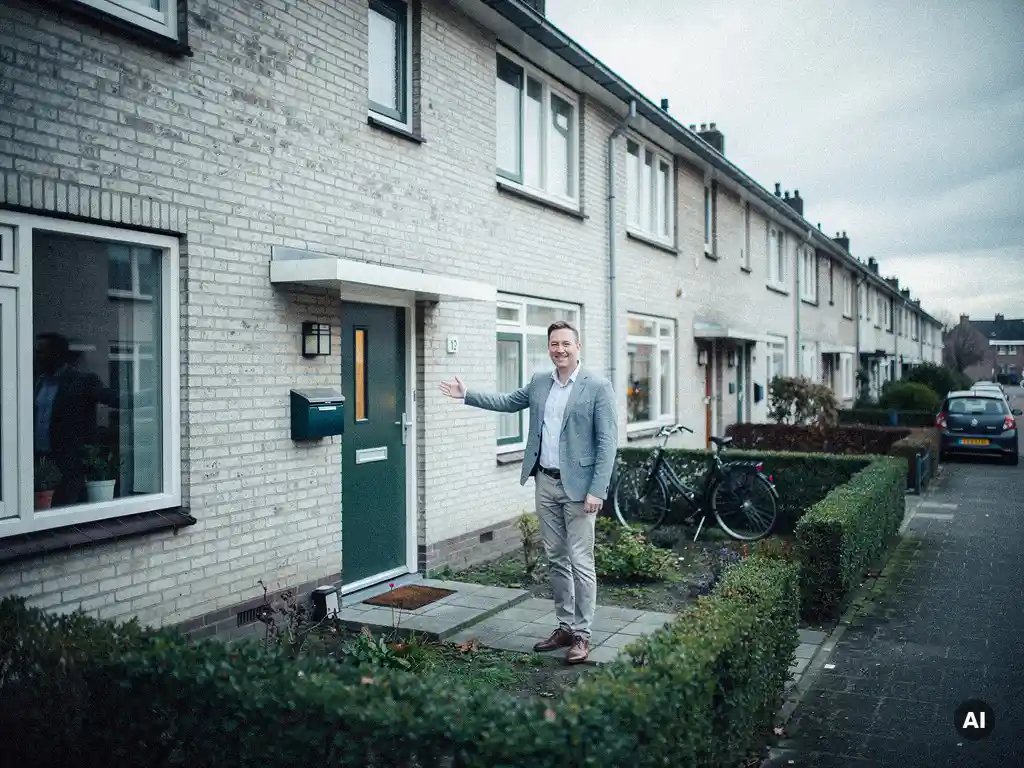 Makelaar in casual zakelijke kleding bij de voordeur van een jaren 70 rijtjeswoning in Waddinxveen, wijzend naar de bakstenen gevel.