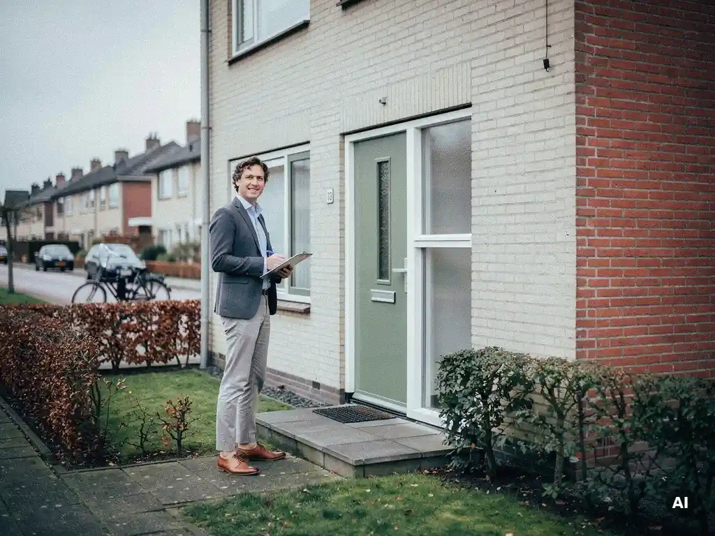 Makelaar met klembord bij voordeur van jaren '70 rijtjeshuis in Waddinxveen, bewolkte lucht en lage hagen op achtergrond.