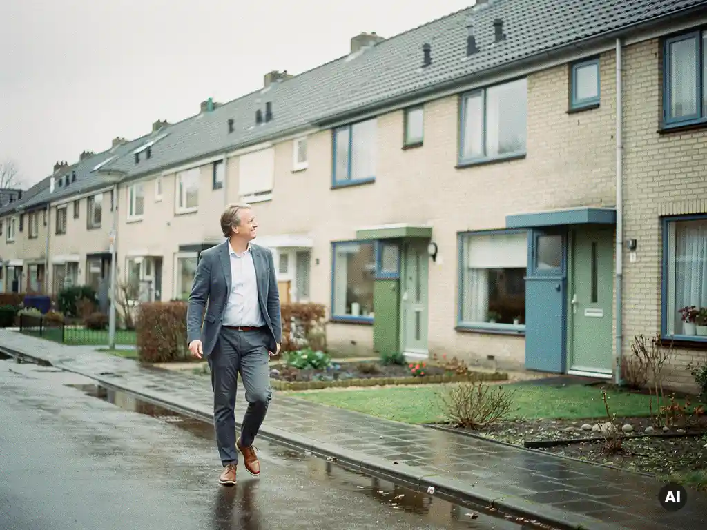 Makelaar in casual zakelijke kleding loopt langs een rij jaren-70 bakstenen rijtjeswoningen op een bewolkte dag in Waddinxveen.