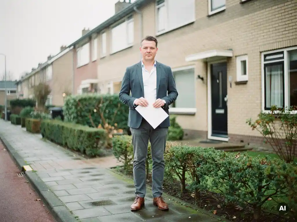 Makelaar in casual zakelijke kleding bij de voordeur van een jaren 70 rijtjeswoning in Waddinxveen, papieren document in hand.