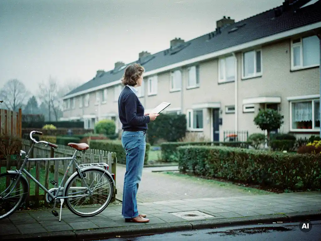Makelaar met tablet op een woonstraat in Waddinxveen, met jaren '70 rijtjeshuizen van lichte baksteen op de achtergrond.