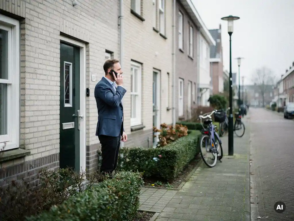 Makelaar in casual zakelijke kleding belt voor een bakstenen rijtjeswoning in Waddinxveen op een bewolkte dag.