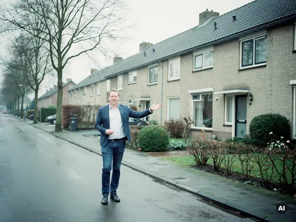 Zelfstandig makelaar in Waddinxveen wijst naar jaren '70 rijtjeswoning op bewolkte dag met natte straatstenen.