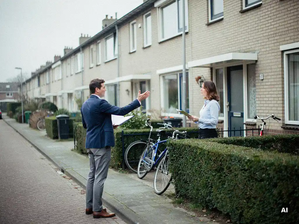 Makelaar en hypotheekadviseur met map bij voordeur van jaren '70 rijtjeshuis in Waddinxveen.