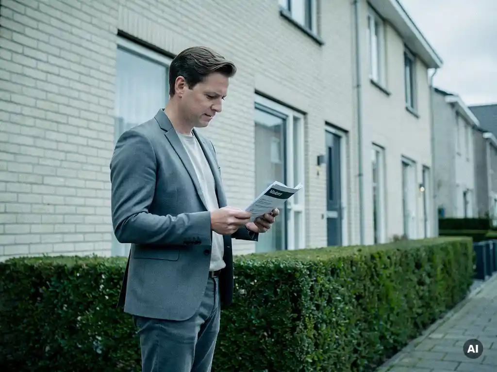 Makelaar in casual zakelijke kleding vergelijkt waardatiedocumenten bij een voordeur in Waddinxveen, met rijtjeshuizen en lage hagen op de achtergrond.