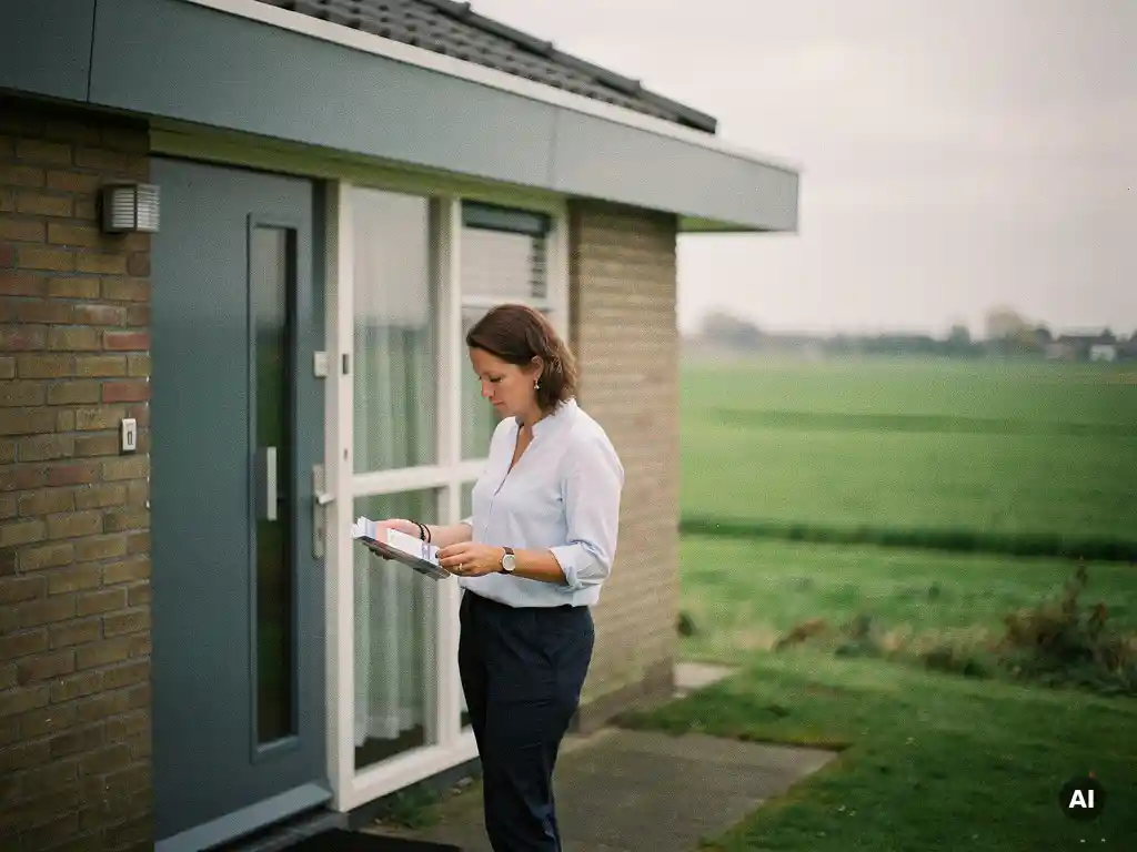 Makelaar met taxatiedocumenten bij de voordeur van een vrijstaande jaren '70 woning in Reeuwijk, met bewolkte polderhorizon op de achtergrond.