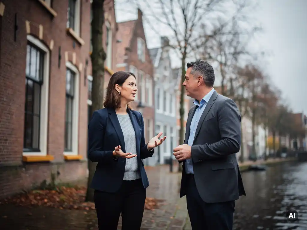 Twee makelaars in gesprek bij een trapgevel langs een Gouds kanaal, herfstbomen en natte keitjes op de achtergrond.