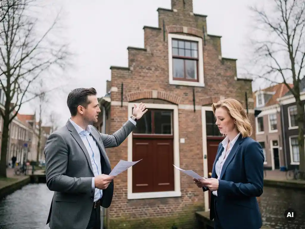 Twee makelaars buiten een Goudse grachtenpand met trapgevel, één wijst naar de bakstenen gevel terwijl beiden documenten vasthouden.