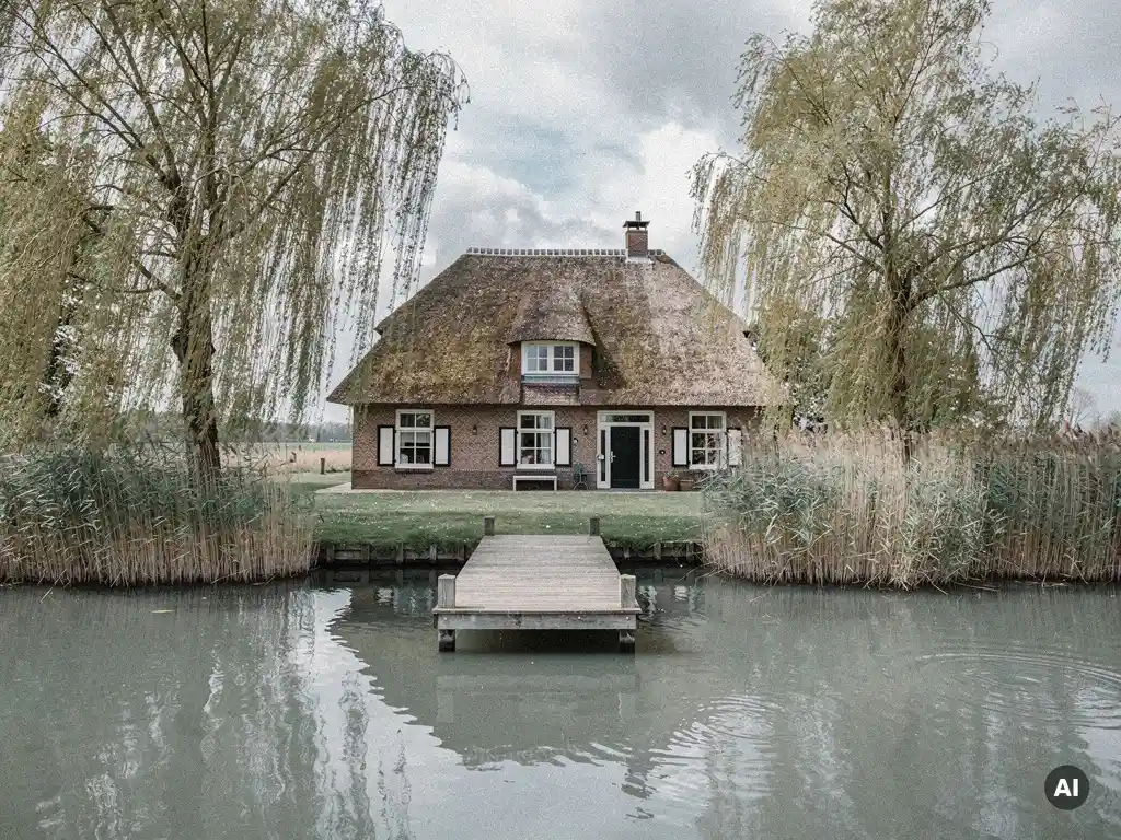 Vrijstaande woning met rieten dak aan Reeuwijkse polderplas, houten aanlegsteiger en wilgen weerspiegeld in grijs-groen water.