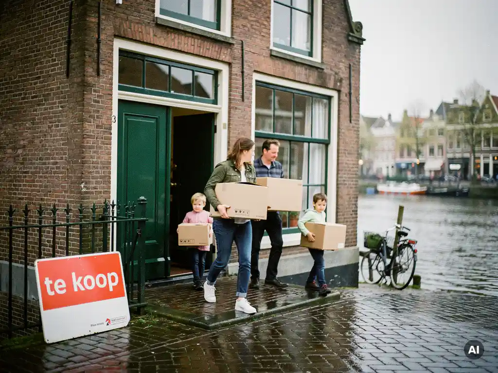 Familie draagt verhuisdozen door de voordeur van een 17e-eeuws Gouds grachtenpand met trapgevel en te koop-bord.
