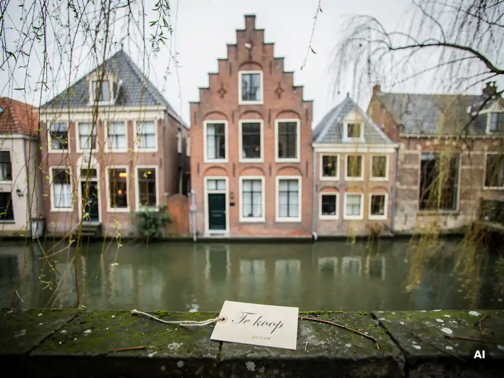 17e-eeuws grachtenpand in Gouda met rode trapgevel, weerspiegeld in stil kanaaalwater, handgeschreven prijskaartje op de stoep.