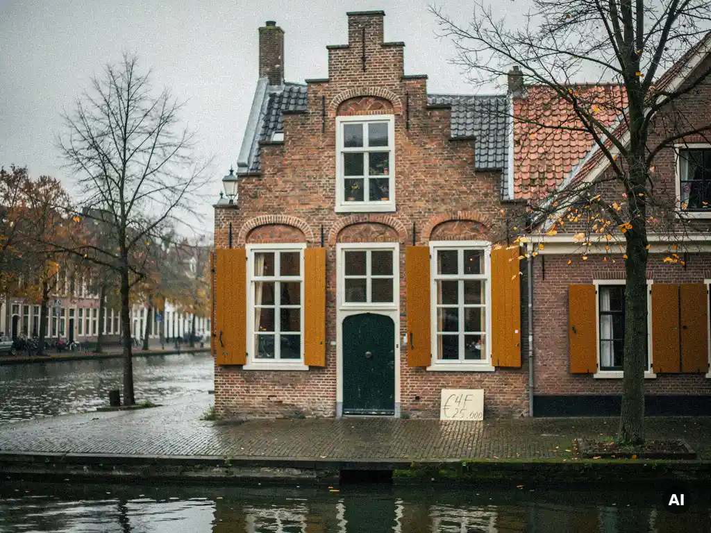 17e-eeuws Hollands grachtenpand in Gouda met trapgevel van rode baksteen, kale herfstbomen en prijsbord bij de voordeur.