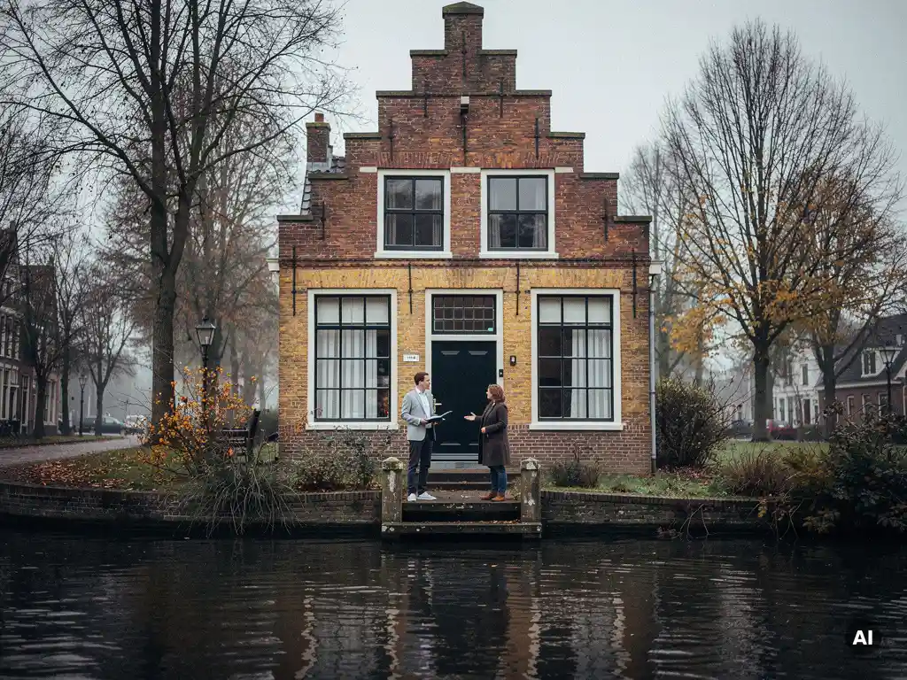 Makelaar en huiseigenaar voor een 17e-eeuws grachtenpand met trapgevel in Gouda, omgeven door kale herfstbomen.