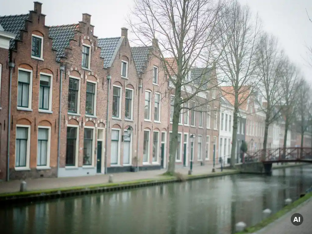 Klassieke Hollandse trapgevels van rood baksteen langs een Goudse gracht, met kale lindebomen en een roestige ijzeren brug op de achtergrond.