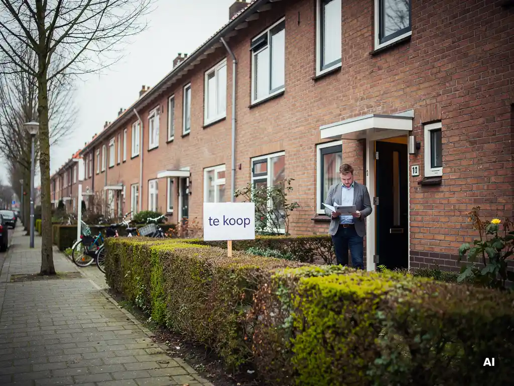 Rood bakstenen rijtjeshuis in Bodegraven met te koop-bord bij lage heg, makelaar bij voordeur met papieren, kale straatbomen op bewolkte dag.