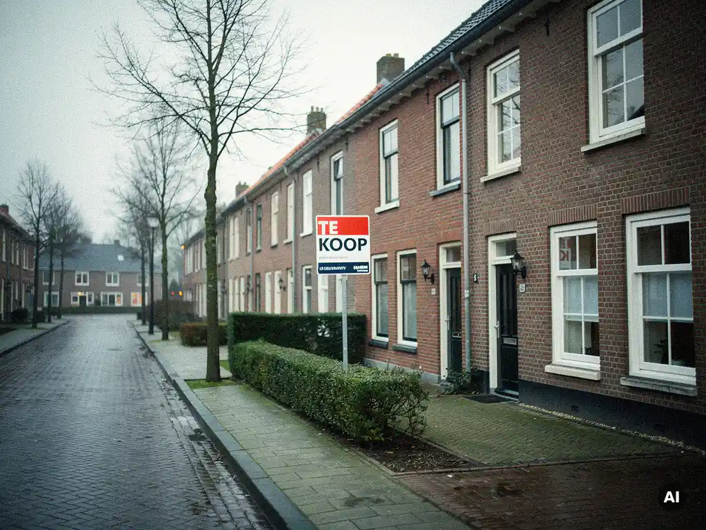 Rood bakstenen rijtjeshuis in Bodegraven met Te Koop-bord bij de voordeur, kale bomen en natte kinderkopjes op bewolkte dag.