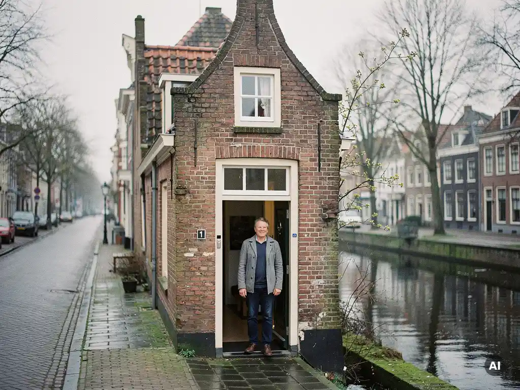 Huiseigenaar bij de voordeur van een 17e-eeuws Gouds grachtenpand met trapgevel en rode bakstenen gevel.