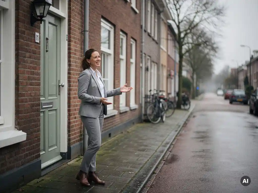 Makelaar in casual kleding bij de voordeur van een rood bakstenen rijtjeswoning in Bodegraven, natte straat op bewolkte dag.