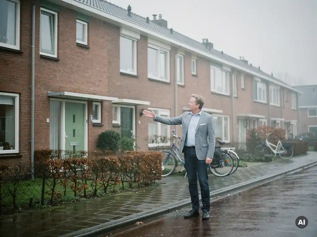 Makelaar in casual zakelijke kleding wijst naar een traditionele bakstenen gevel aan een rustige woonstraat in Bodegraven.