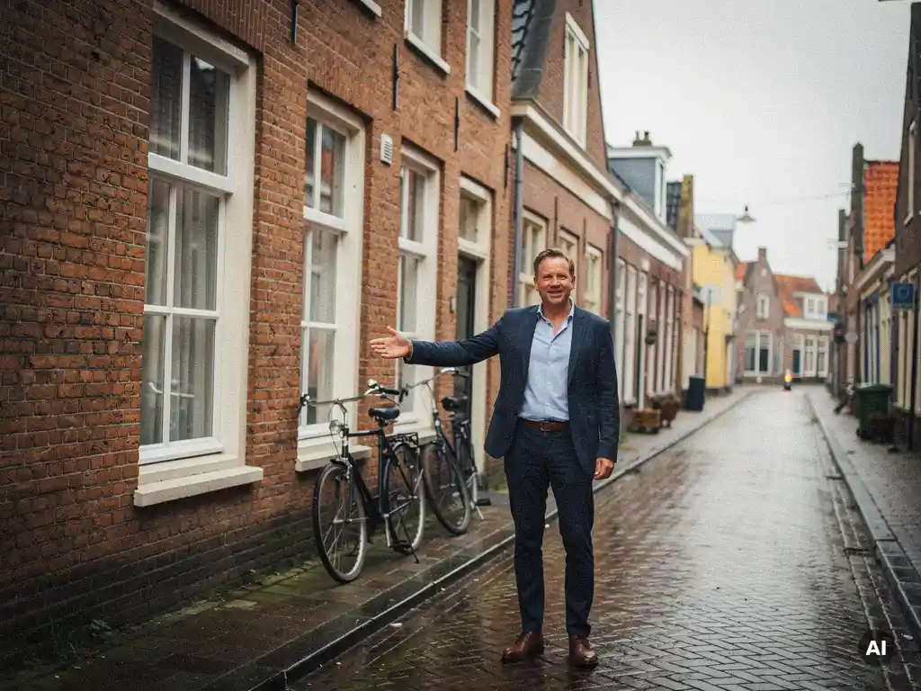 Makelaar in casual zakelijke kleding wijst naar een traditionele roodstenen rijtjeswoning in Bodegraven, met fietsen tegen de gevel.