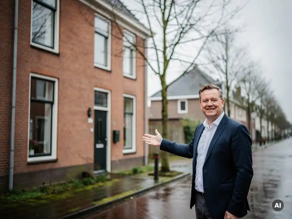 Makelaar in zakelijke kleding wijst naar een traditionele rode bakstenen rijtjeswoning in Bodegraven, vroeg voorjaar.