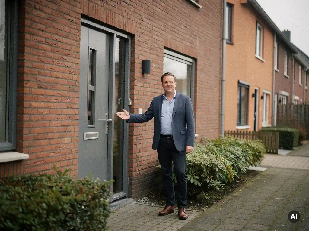 Makelaar in casual zakelijke kleding bij een bakstenen voordeur in Bodegraven, wijzend naar de ingang van een rijtjeswoning.