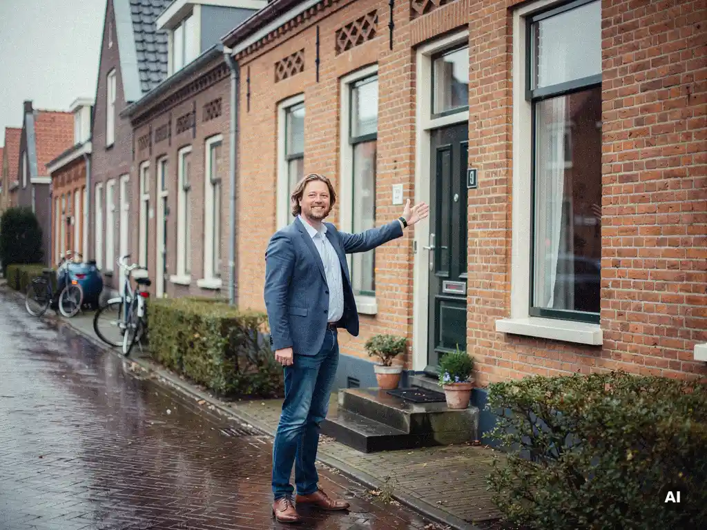 Makelaar in casual blazer wijst naar een traditioneel rood bakstenen rijtjeshuis in Bodegraven op een bewolkte dag.