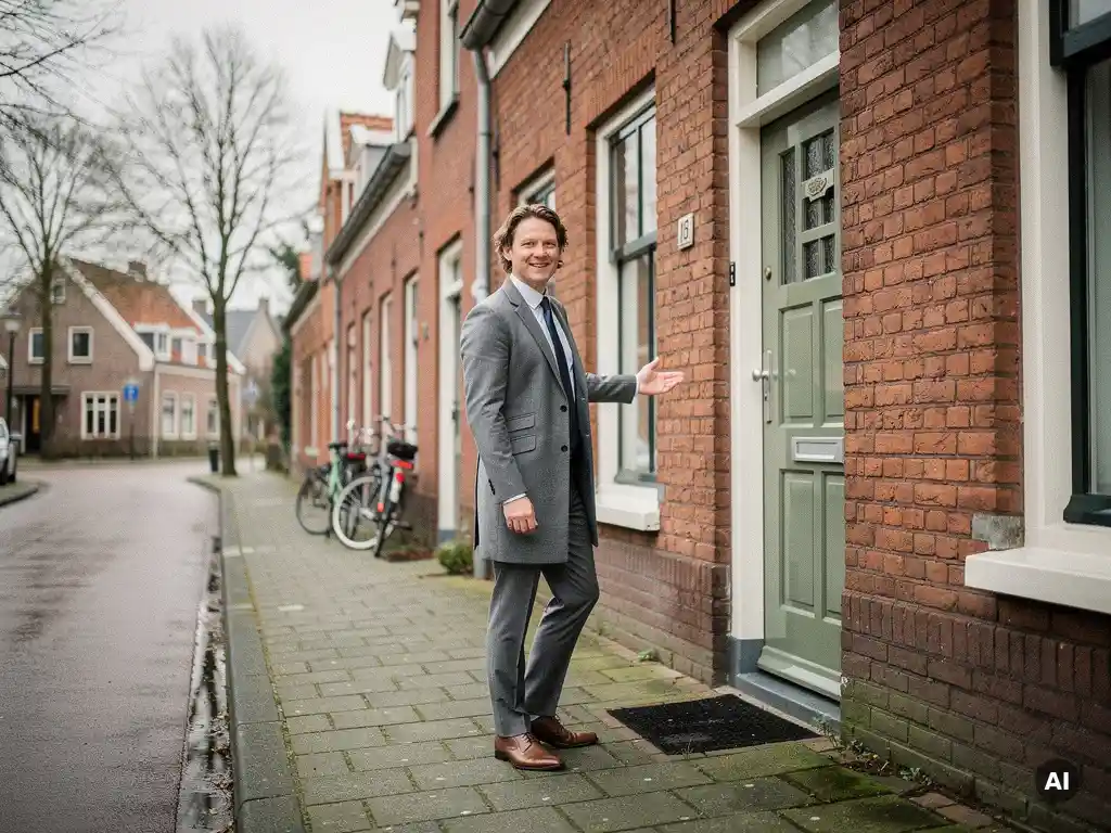 Makelaar wijst naar de gevel van een rood bakstenen rijtjeswoning in Bodegraven, natte straat met geparkeerde fietsen op bewolkte voorjaarsdag.