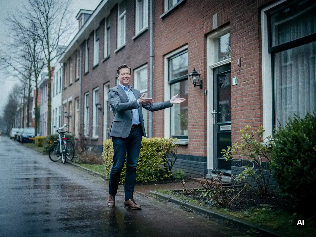Makelaar in casual kleding wijst naar een traditionele rode bakstenen rijtjeswoning in Bodegraven op een bewolkte vroege lentedag.