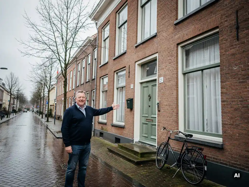 Makelaar in casual kleding wijst naar traditionele rode bakstenen rijtjeswoning in Bodegraven, fiets tegen de gevel, natte straatstenen.