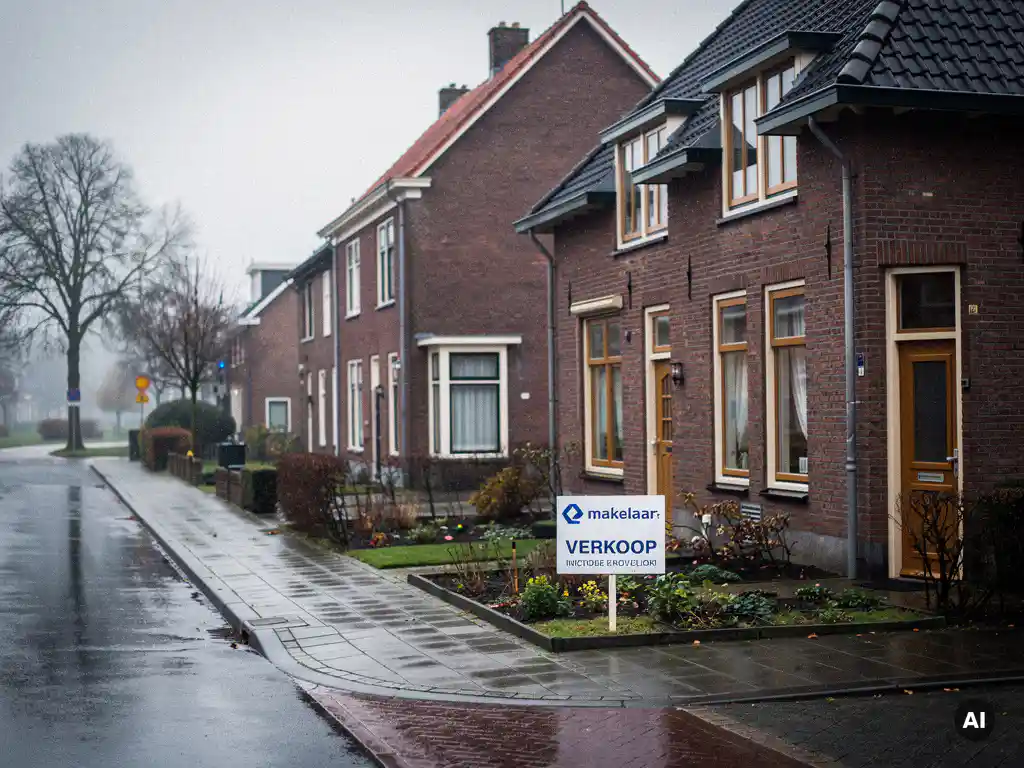 Rood bakstenen rijtjeshuis in Bodegraven met verkoop­bord in kleine voortuin, kale bomen langs natte straat op bewolkte herfst­ochtend.