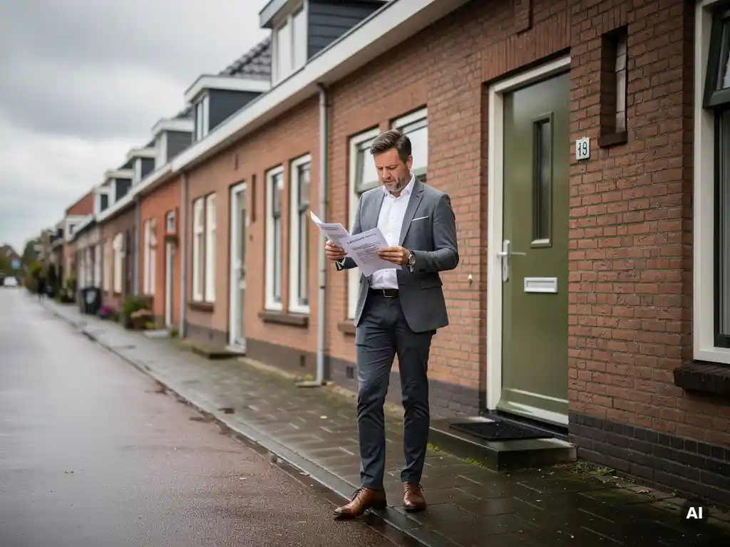 Makelaar bekijkt waarderapport voor een rood-bakstenen rijtjeshuis in Bodegraven op een bewolkte dag.