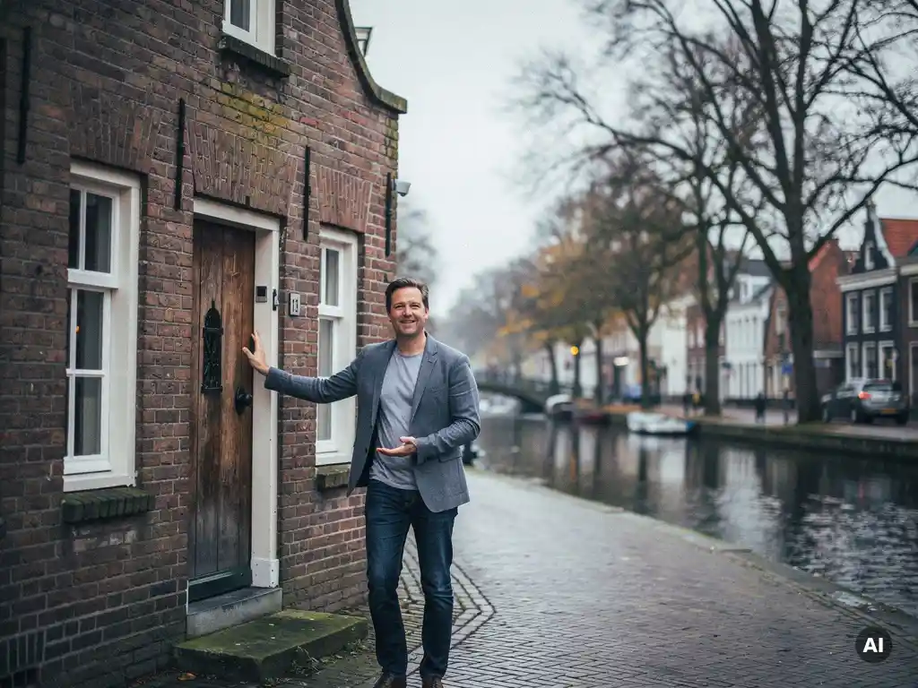 Makelaar in casual blazer wijst naar de gevel van een 17e-eeuws grachtenpand met trapgevel op een stille straat in Gouda.