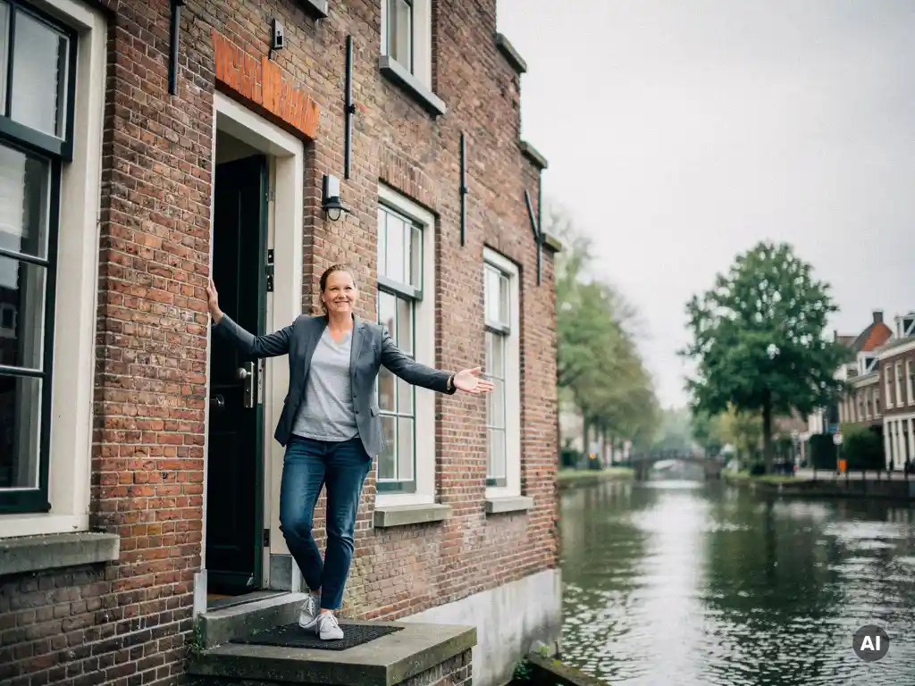 Makelaar bij de voordeur van een 17e-eeuws rood bakstenen grachtenpand met trapgevel in Gouda.